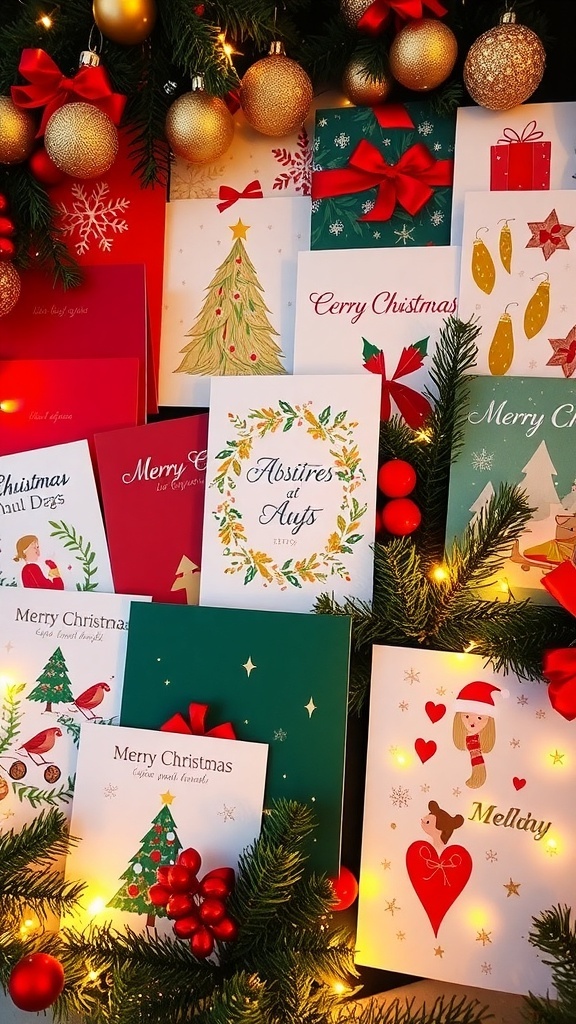 A collection of colorful Christmas cards with festive designs and decorations.